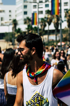 Tel Aviv Israel June 14, 2019 Portrait of unknown Israeli people participating to the gay pride parade in the streets of Tel Aviv in the afternoonのeditorial素材