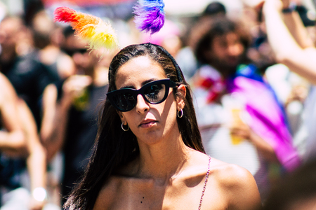 Tel Aviv Israel June 14, 2019 Portrait of unknown Israeli people participating to the gay pride parade in the streets of Tel Aviv in the afternoonのeditorial素材
