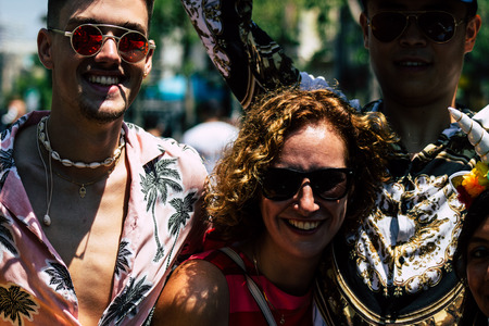 Tel Aviv Israel June 14, 2019 Portrait of unknown Israeli people participating to the gay pride...