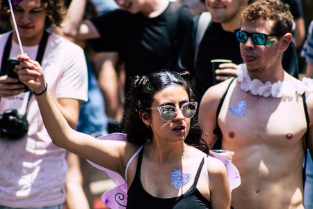 Tel Aviv Israel June 14, 2019 Portrait of unknown Israeli people participating to the gay pride parade in the streets of Tel Aviv in the afternoonのeditorial素材