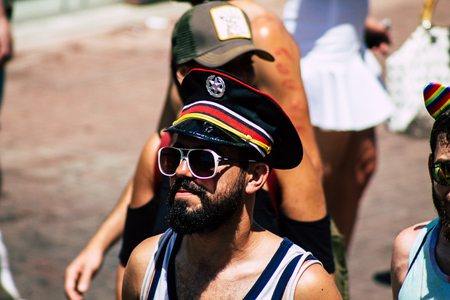 Tel Aviv Israel June 14, 2019 Portrait of unknown Israeli people participating to the gay pride parade in the streets of Tel Aviv in the afternoonのeditorial素材