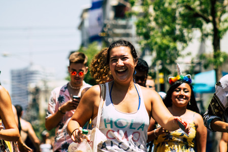Tel Aviv Israel June 14, 2019 Portrait of unknown Israeli people participating to the gay pride parade in the streets of Tel Aviv in the afternoonのeditorial素材