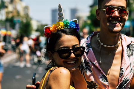 Tel Aviv Israel June 14, 2019 Portrait of unknown Israeli people participating to the gay pride parade in the streets of Tel Aviv in the afternoonのeditorial素材