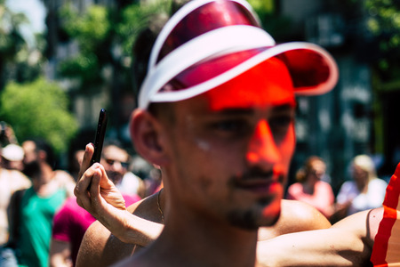 Tel Aviv Israel June 14, 2019 Portrait of unknown Israeli people participating to the gay pride parade in the streets of Tel Aviv in the afternoonのeditorial素材