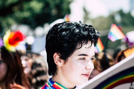 Tel Aviv Israel June 14, 2019 Portrait of unknown Israeli people participating to the gay pride...