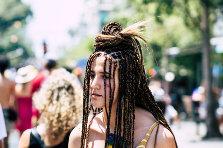 Tel Aviv Israel June 14, 2019 Portrait of unknown Israeli people participating to the gay pride parade in the streets of Tel Aviv in the afternoonのeditorial素材