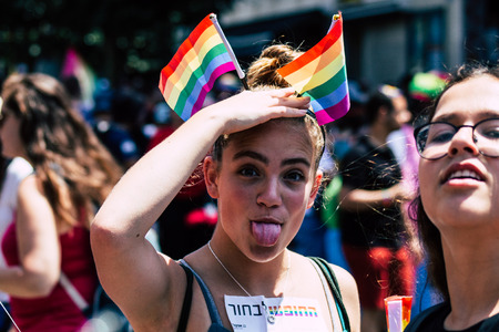Tel Aviv Israel June 14, 2019 Portrait of unknown Israeli people participating to the gay pride parade in the streets of Tel Aviv in the afternoonのeditorial素材
