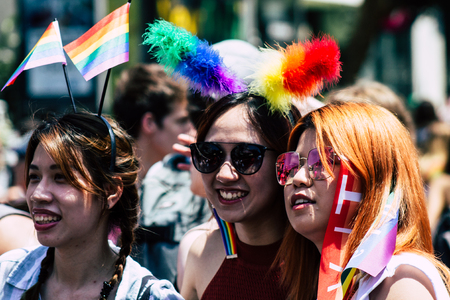 Tel Aviv Israel June 14, 2019 Portrait of unknown Israeli people participating to the gay pride parade in the streets of Tel Aviv in the afternoonのeditorial素材