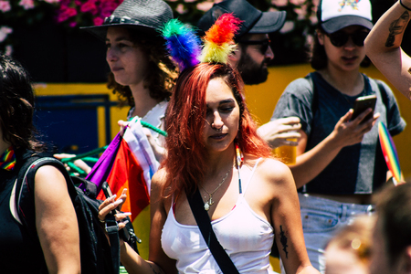Tel Aviv Israel June 14, 2019 Portrait of unknown Israeli people participating to the gay pride parade in the streets of Tel Aviv in the afternoonのeditorial素材
