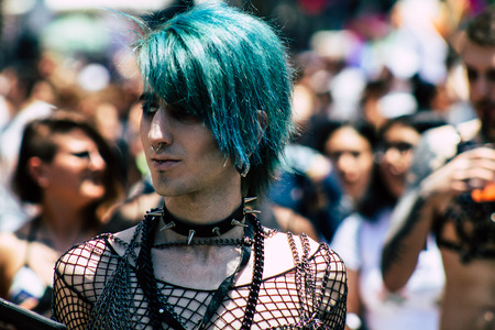 Tel Aviv Israel June 14, 2019 Portrait of unknown Israeli people participating to the gay pride parade in the streets of Tel Aviv in the afternoonのeditorial素材