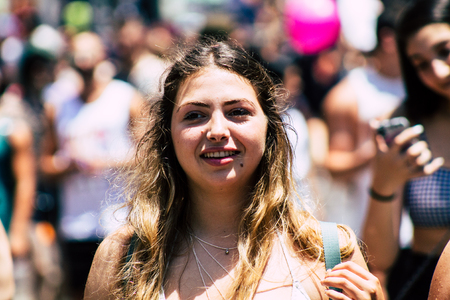 Tel Aviv Israel June 14, 2019 Portrait of unknown Israeli people participating to the gay pride parade in the streets of Tel Aviv in the afternoonのeditorial素材
