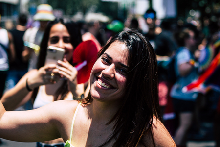 Tel Aviv Israel June 14, 2019 Portrait of unknown Israeli people participating to the gay pride...