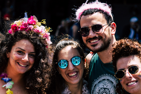 Tel Aviv Israel June 14, 2019 Portrait of unknown Israeli people participating to the gay pride parade in the streets of Tel Aviv in the afternoonのeditorial素材