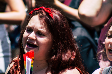 Tel Aviv Israel June 14, 2019 Portrait of unknown Israeli people participating to the gay pride parade in the streets of Tel Aviv in the afternoonのeditorial素材