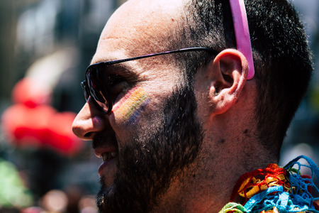 Tel Aviv Israel June 14, 2019 Portrait of unknown Israeli people participating to the gay pride parade in the streets of Tel Aviv in the afternoonのeditorial素材