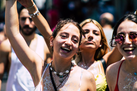 Tel Aviv Israel June 14, 2019 Portrait of unknown Israeli people participating to the gay pride parade in the streets of Tel Aviv in the afternoonのeditorial素材