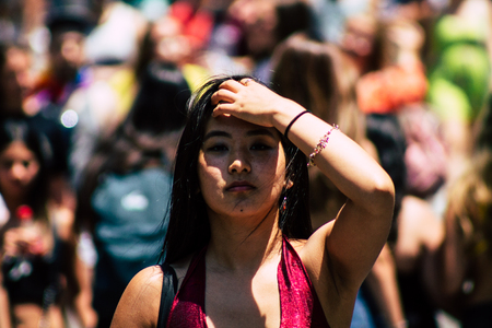 Tel Aviv Israel June 14, 2019 Portrait of unknown Israeli people participating to the gay pride parade in the streets of Tel Aviv in the afternoonのeditorial素材