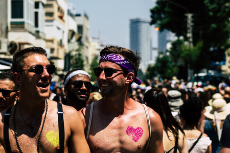 Tel Aviv Israel June 14, 2019 Portrait of unknown Israeli people participating to the gay pride parade in the streets of Tel Aviv in the afternoonのeditorial素材