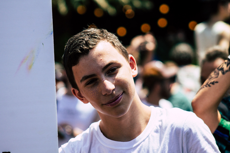 Tel Aviv Israel June 14, 2019 Portrait of unknown Israeli people participating to the gay pride parade in the streets of Tel Aviv in the afternoonのeditorial素材