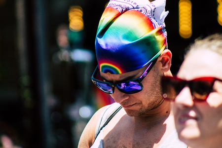 Tel Aviv Israel June 14, 2019 Portrait of unknown Israeli people participating to the gay pride parade in the streets of Tel Aviv in the afternoonのeditorial素材