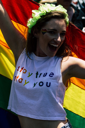 Tel Aviv Israel June 14, 2019 Portrait of unknown Israeli people participating to the gay pride parade in the streets of Tel Aviv in the afternoonのeditorial素材