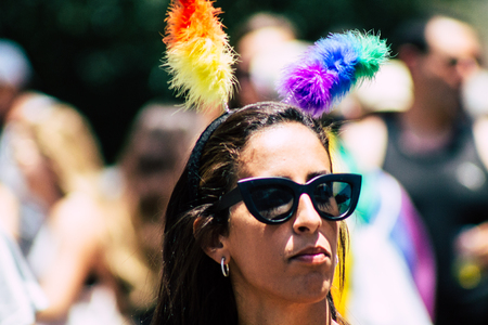 Tel Aviv Israel June 14, 2019 Portrait of unknown Israeli people participating to the gay pride parade in the streets of Tel Aviv in the afternoonのeditorial素材