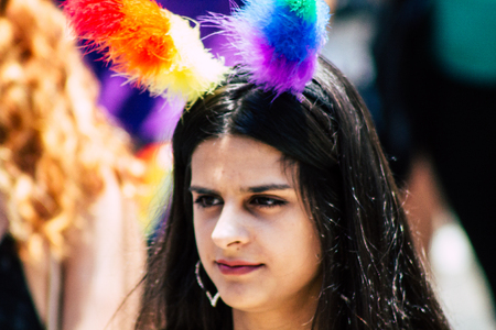 Tel Aviv Israel June 14, 2019 Portrait of unknown Israeli people participating to the gay pride parade in the streets of Tel Aviv in the afternoonのeditorial素材