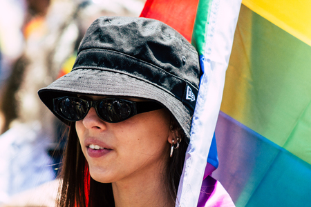 Tel Aviv Israel June 14, 2019 Portrait of unknown Israeli people participating to the gay pride parade in the streets of Tel Aviv in the afternoonのeditorial素材