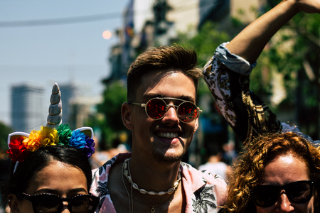 Tel Aviv Israel June 14, 2019 Portrait of unknown Israeli people participating to the gay pride parade in the streets of Tel Aviv in the afternoonのeditorial素材