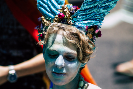 Tel Aviv Israel June 14, 2019 Portrait of unknown Israeli people participating to the gay pride parade in the streets of Tel Aviv in the afternoonのeditorial素材