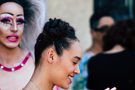 Tel Aviv Israel June 14, 2019 Portrait of unknown Israeli people participating to the gay pride parade in the streets of Tel Aviv in the afternoonのeditorial素材