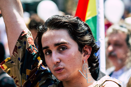 Tel Aviv Israel June 14, 2019 Portrait of unknown Israeli people participating to the gay pride parade in the streets of Tel Aviv in the afternoonのeditorial素材