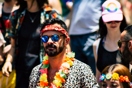 Tel Aviv Israel June 14, 2019 Portrait of unknown Israeli people participating to the gay pride parade in the streets of Tel Aviv in the afternoonのeditorial素材