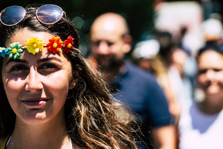 Tel Aviv Israel June 14, 2019 Portrait of unknown Israeli people participating to the gay pride parade in the streets of Tel Aviv in the afternoonのeditorial素材