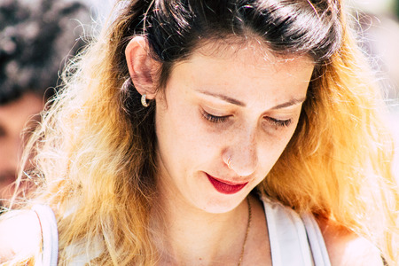 Tel Aviv Israel June 14, 2019 Portrait of unknown Israeli people participating to the gay pride parade in the streets of Tel Aviv in the afternoonのeditorial素材