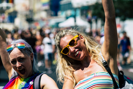 Tel Aviv Israel June 14, 2019 Portrait of unknown Israeli people participating to the gay pride parade in the streets of Tel Aviv in the afternoonのeditorial素材