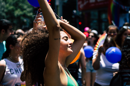 Tel Aviv Israel June 14, 2019 Portrait of unknown Israeli people participating to the gay pride parade in the streets of Tel Aviv in the afternoonのeditorial素材