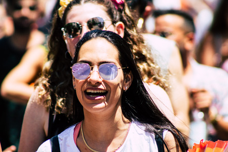 Tel Aviv Israel June 14, 2019 Portrait of unknown Israeli people participating to the gay pride parade in the streets of Tel Aviv in the afternoonのeditorial素材