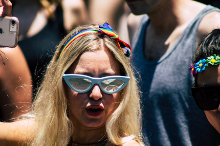 Tel Aviv Israel June 14, 2019 Portrait of unknown Israeli people participating to the gay pride parade in the streets of Tel Aviv in the afternoonのeditorial素材