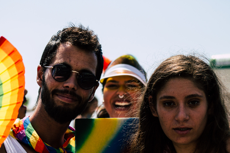 Tel Aviv Israel June 14, 2019 Portrait of unknown Israeli people participating to the gay pride parade in the streets of Tel Aviv in the afternoonのeditorial素材