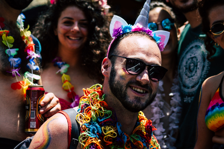 Tel Aviv Israel June 14, 2019 Portrait of unknown Israeli people participating to the gay pride parade in the streets of Tel Aviv in the afternoonのeditorial素材
