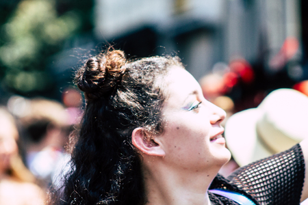 Tel Aviv Israel June 14, 2019 Portrait of unknown Israeli people participating to the gay pride parade in the streets of Tel Aviv in the afternoonのeditorial素材