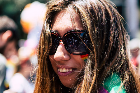 Tel Aviv Israel June 14, 2019 Portrait of unknown Israeli people participating to the gay pride parade in the streets of Tel Aviv in the afternoonのeditorial素材