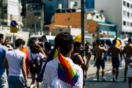 Tel Aviv Israel June 14, 2019 View of unknown Israeli people participating to the gay pride parade in the streets of Tel Aviv in the afternoonのeditorial素材