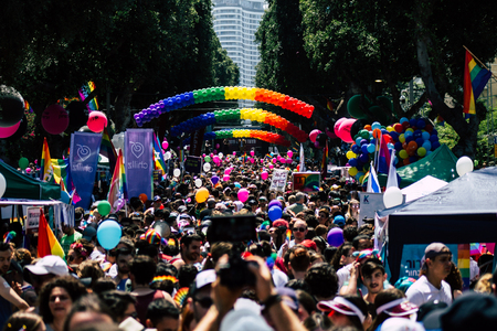 Tel Aviv Israel June 14, 2019 View of unknown Israeli people participating to the gay pride parade in the streets of Tel Aviv in the afternoonのeditorial素材