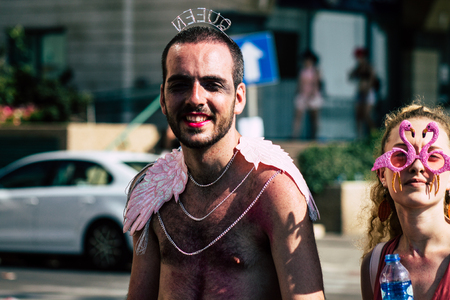 Tel Aviv Israel June 14, 2019 Portrait of unknown Israeli people participating to the gay pride parade in the streets of Tel Aviv in the afternoonのeditorial素材
