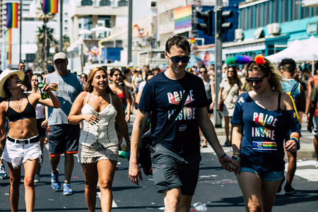 Tel Aviv Israel June 14, 2019 View of unknown Israeli people participating to the gay pride parade in the streets of Tel Aviv in the afternoonのeditorial素材