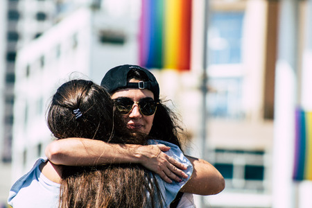 Tel Aviv Israel June 14, 2019 Portrait of unknown Israeli people participating to the gay pride parade in the streets of Tel Aviv in the afternoonのeditorial素材