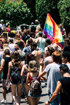 Tel Aviv Israel June 14, 2019 View of unknown Israeli people participating to the gay pride parade in the streets of Tel Aviv in the afternoonのeditorial素材