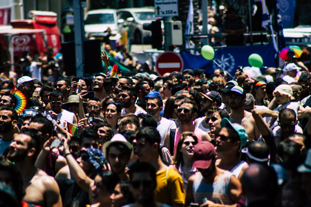 Tel Aviv Israel June 14, 2019 View of unknown Israeli people participating to the gay pride parade in the streets of Tel Aviv in the afternoonのeditorial素材
